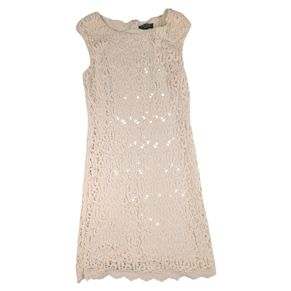 Lauren Ralph Lauren Ivory Floral Corded Lace Sleeveless Sheath Dress Size 12